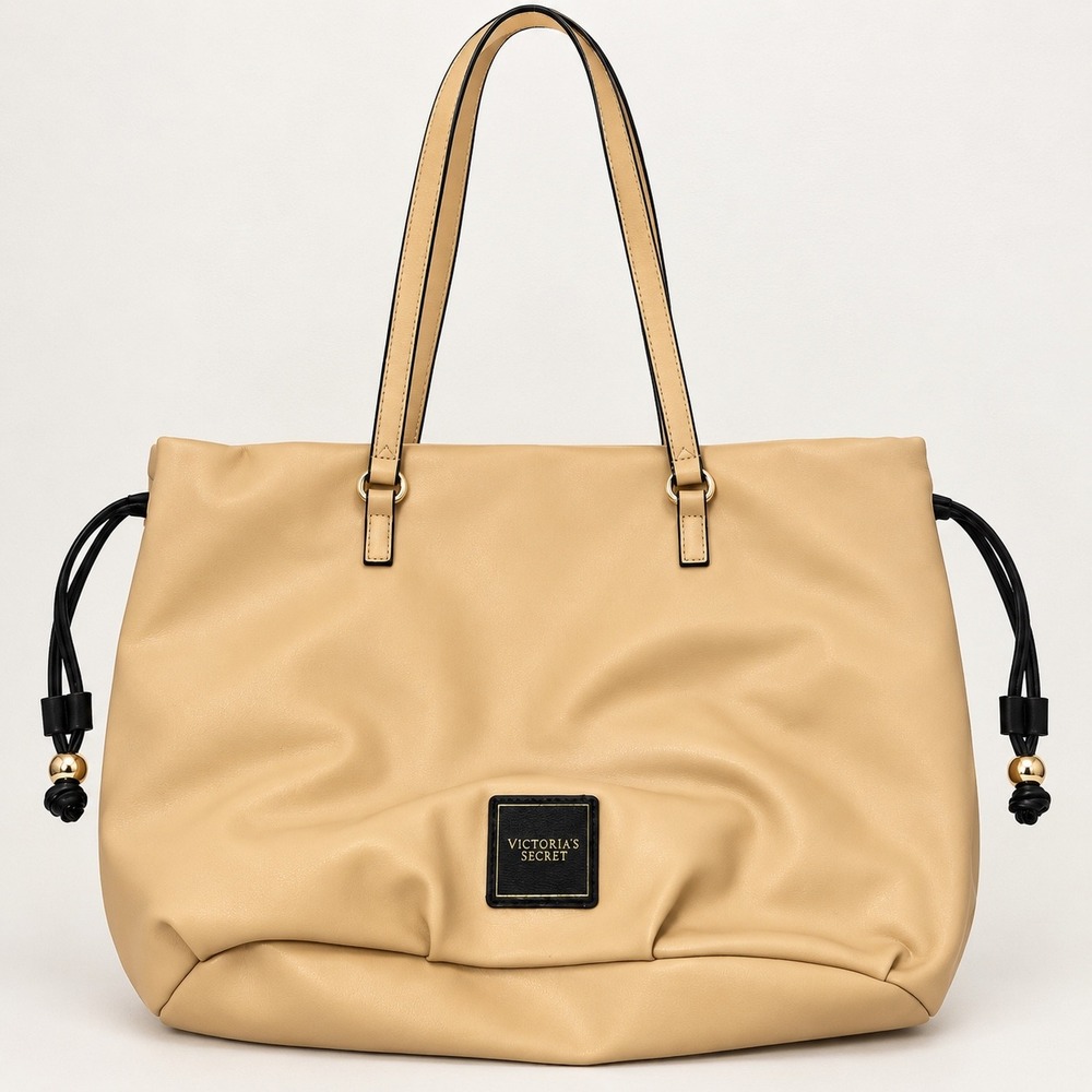 Victorias Secret Beige Buttery Faux Leather Drawstring Tote Bag Gold Hardware